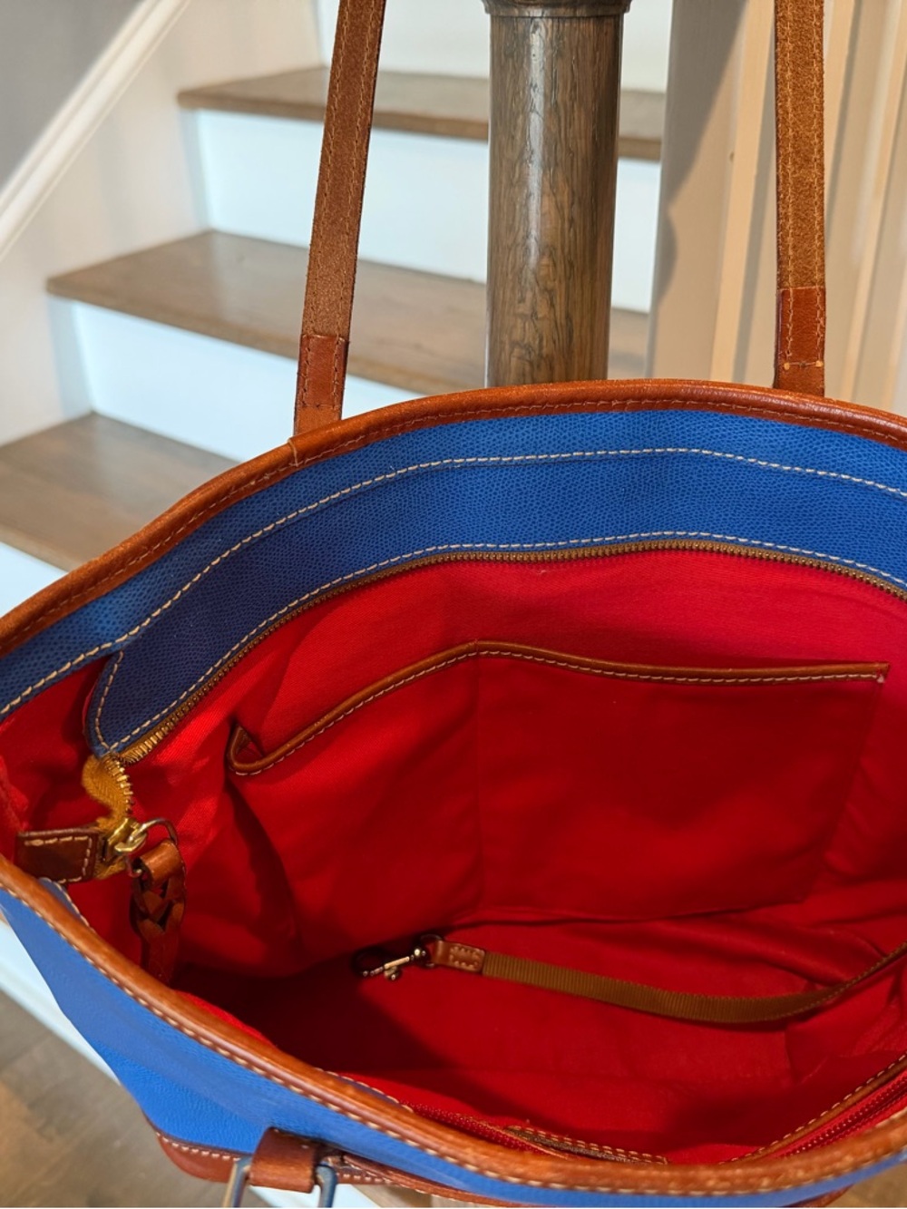 Dooney & Bourke Blue Tote with Brown Leather Trim and Straps - Picture 6 of 8